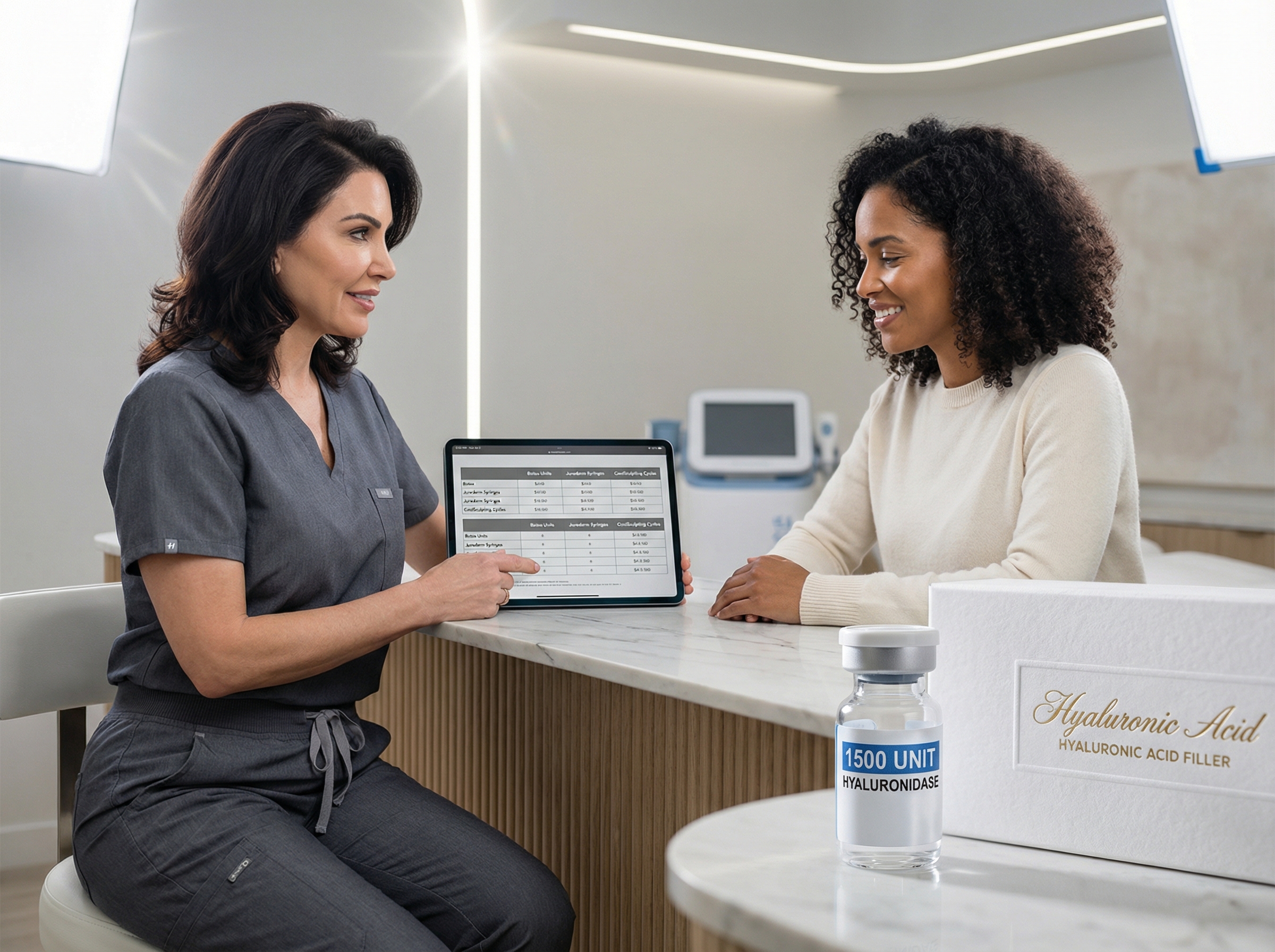 Clinician and patient reviewing aesthetic procedure prices on a tablet with hyaluronidase vial, filler box, and CoolSculpting device visible in the clinic background
