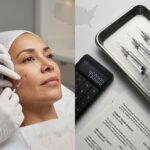 Split photo of clinician preparing thread lift on a woman and a tray with dermal filler syringes and a price calculator in a modern clinic