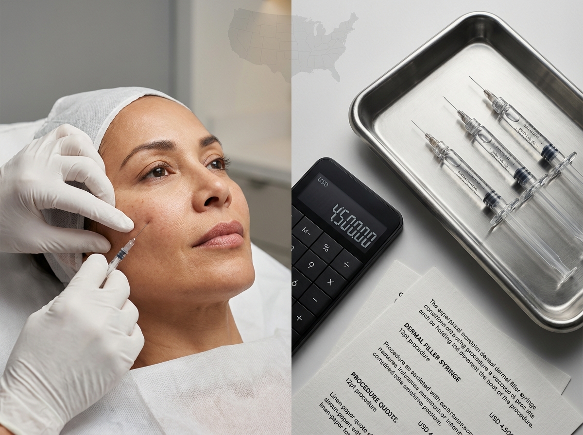 Split photo of clinician preparing thread lift on a woman and a tray with dermal filler syringes and a price calculator in a modern clinic