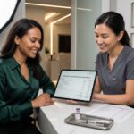 Patient and injector reviewing itemized Botox and treatment cost estimates in a modern aesthetic clinic, with Botox vial and price comparison sheet visible