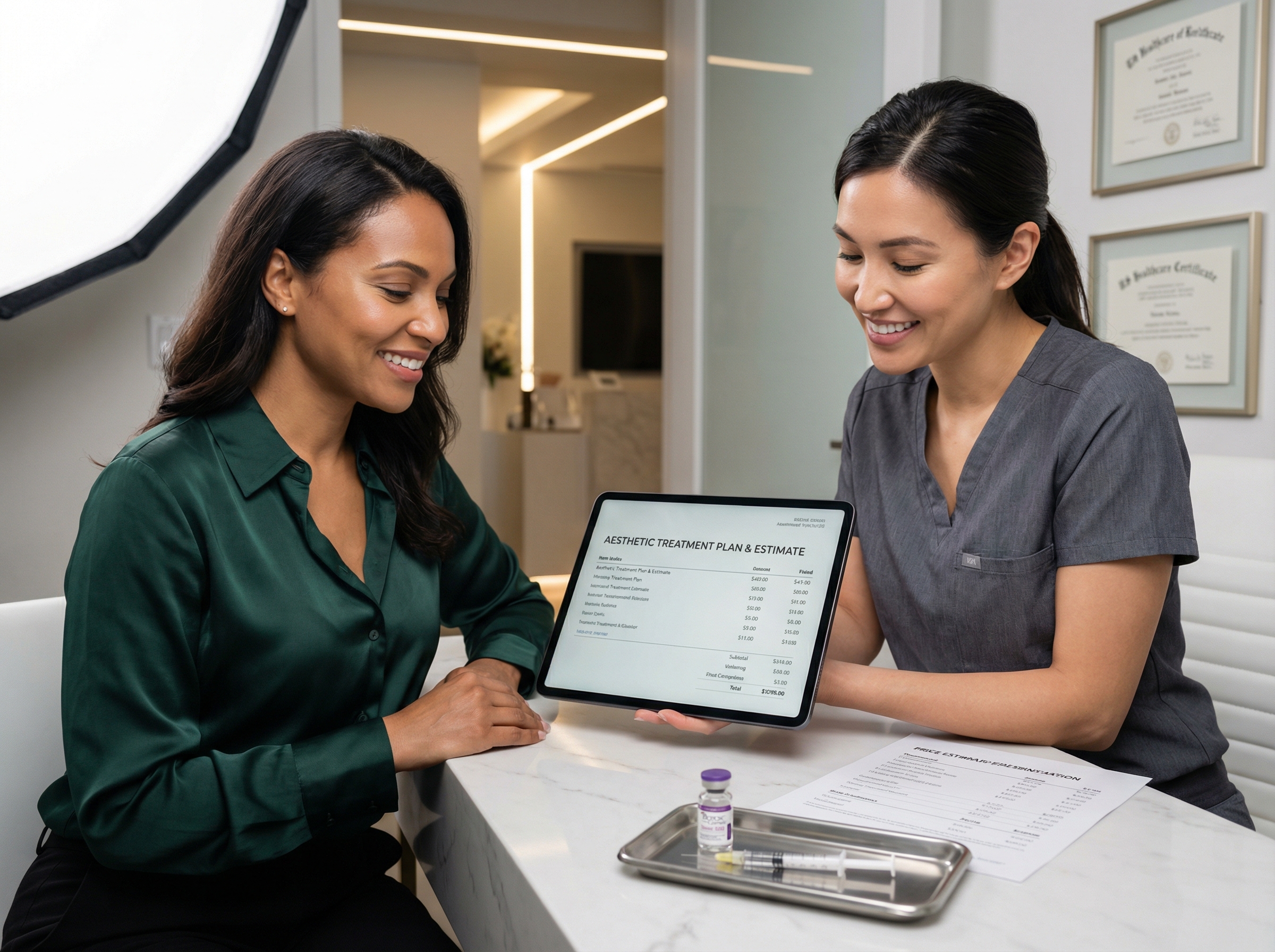 Patient and injector reviewing itemized Botox and treatment cost estimates in a modern aesthetic clinic, with Botox vial and price comparison sheet visible