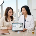 Clinician and patient reviewing a price chart for glycolic to phenol peels at a modern U.S. aesthetic clinic