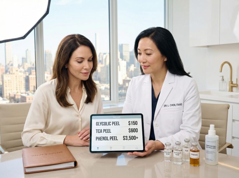 Clinician and patient reviewing a price chart for glycolic to phenol peels at a modern U.S. aesthetic clinic