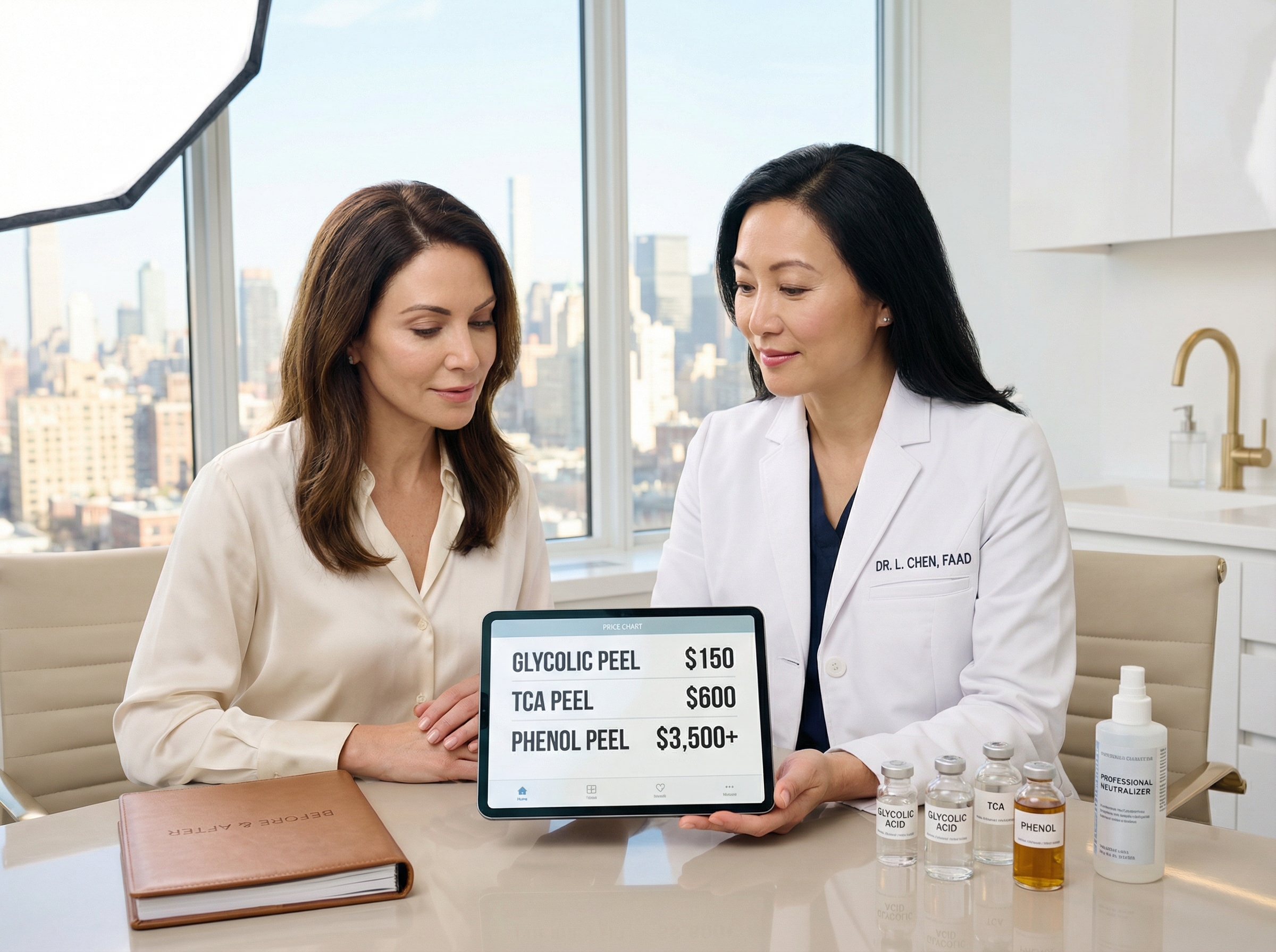 Clinician and patient reviewing a price chart for glycolic to phenol peels at a modern U.S. aesthetic clinic