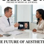 Plastic surgeon showing implant sample and fat graft diagram to a patient at a modern US aesthetic clinic with price sheet and calculator on the table