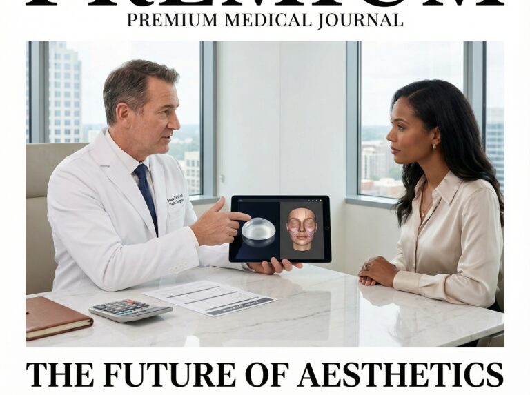 Plastic surgeon showing implant sample and fat graft diagram to a patient at a modern US aesthetic clinic with price sheet and calculator on the table
