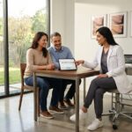 A doctor in a modern medspa showing a patient a price estimate on a tablet with a Thermage FLX handpiece visible, before and after photos in the background