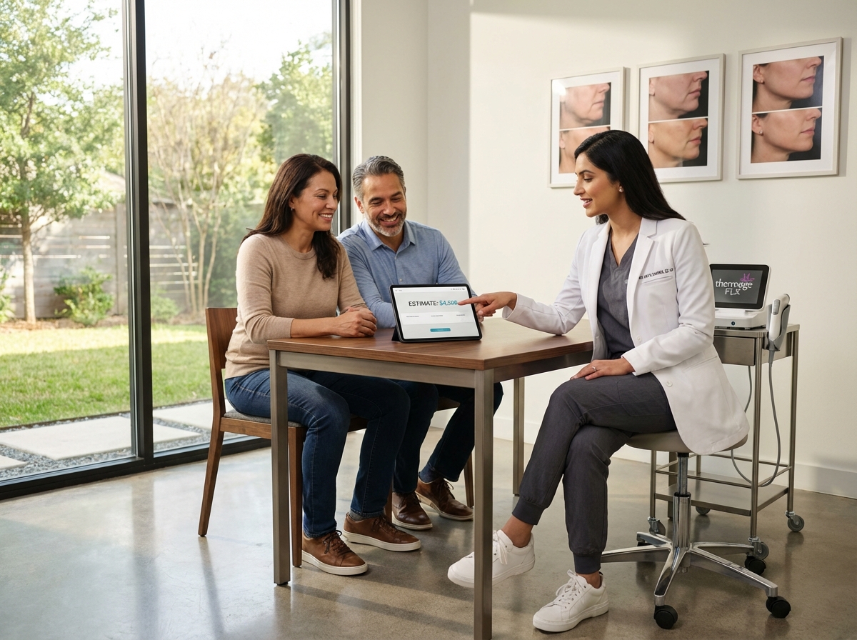 A doctor in a modern medspa showing a patient a price estimate on a tablet with a Thermage FLX handpiece visible, before and after photos in the background