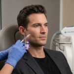 Confident man with defined jawline in a modern medical clinic setting with injector holding a filler syringe and subtle before/after overlay