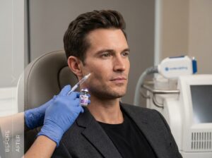 Confident man with defined jawline in a modern medical clinic setting with injector holding a filler syringe and subtle before/after overlay