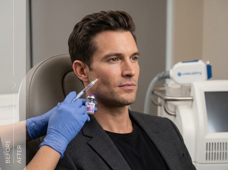 Confident man with defined jawline in a modern medical clinic setting with injector holding a filler syringe and subtle before/after overlay