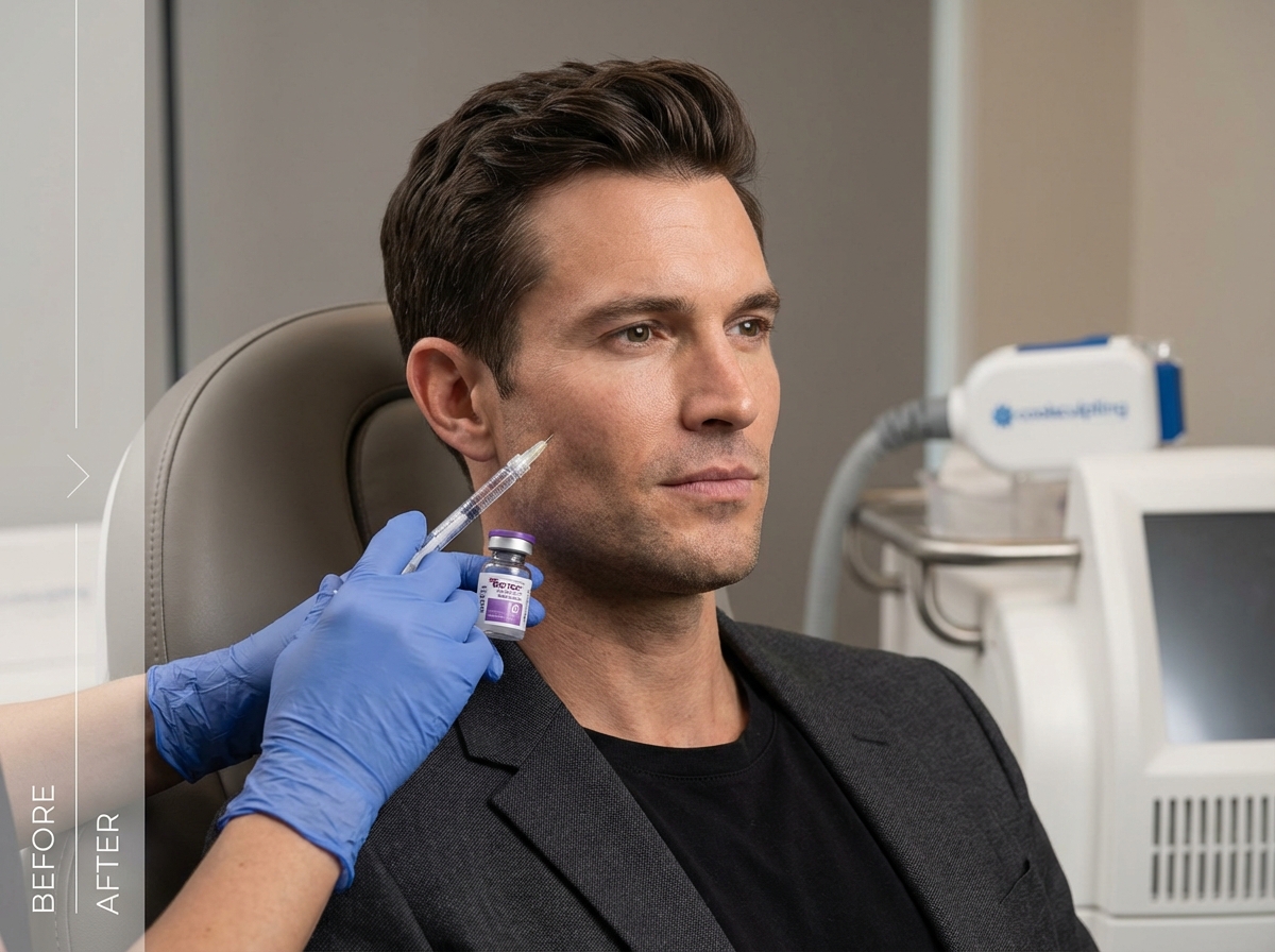 Confident man with defined jawline in a modern medical clinic setting with injector holding a filler syringe and subtle before/after overlay