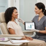 Side profile of patient in modern clinic with injector showing a tablet price comparison and pointing to chin area; syringe on tray and itemized estimate visible, professional clinical setting.