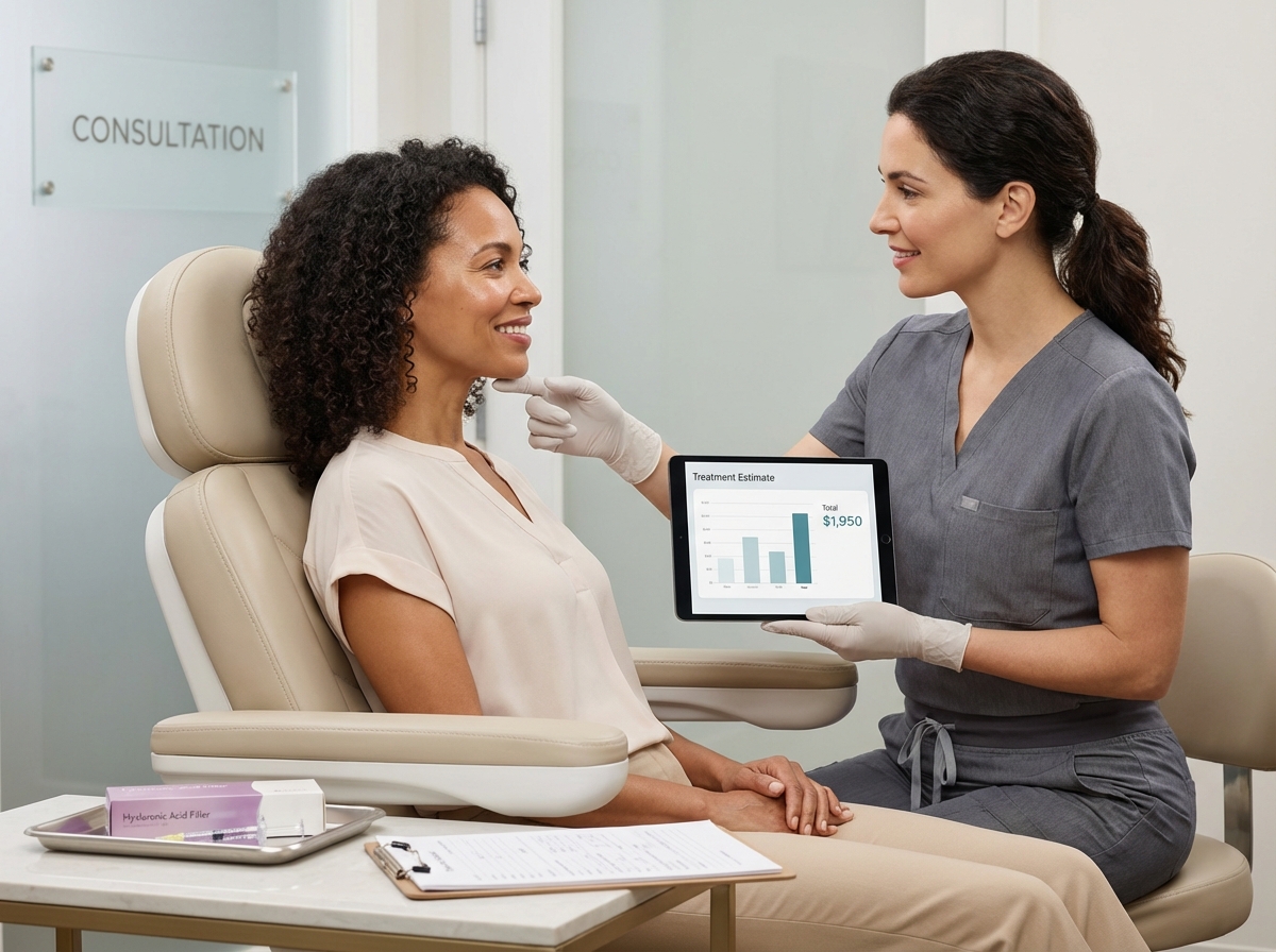 Side profile of patient in modern clinic with injector showing a tablet price comparison and pointing to chin area; syringe on tray and itemized estimate visible, professional clinical setting.