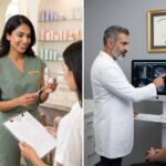 Split photo showing a med spa consultation with an injector and a plastic surgeon in a clinic reviewing safety and pricing documents, conveying price and safety comparison.