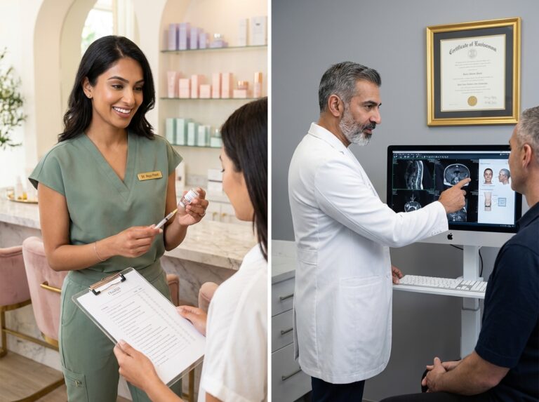 Split photo showing a med spa consultation with an injector and a plastic surgeon in a clinic reviewing safety and pricing documents, conveying price and safety comparison.