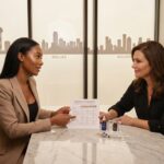 Aesthetic clinic consultation with provider showing pricing details to a patient; faint Dallas and Houston skylines visible through the window.